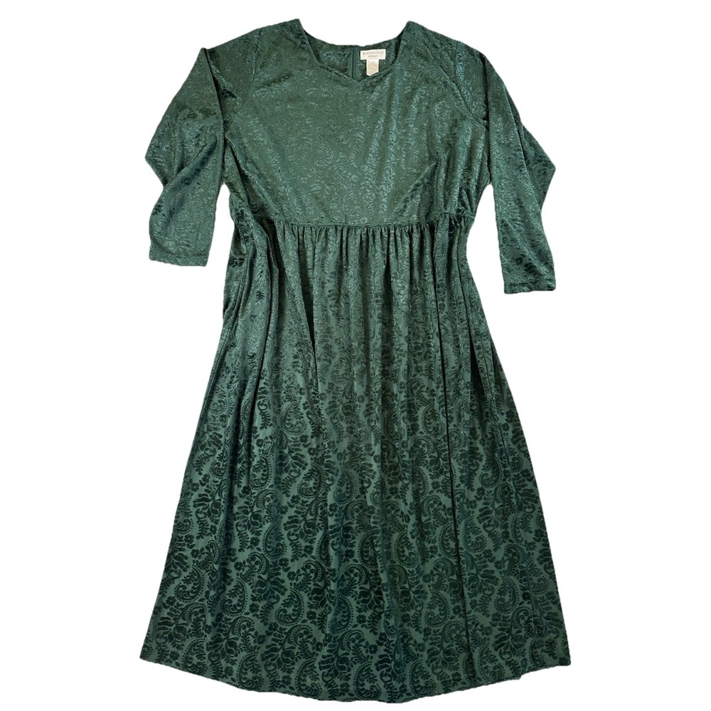 Vtg‎ 90s Worthington Green Jacquard Dress Longsleeve Velvet Whimsigoth Fairy 22